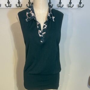 Chic Black Knit Top with Patterned silk Collar size XL